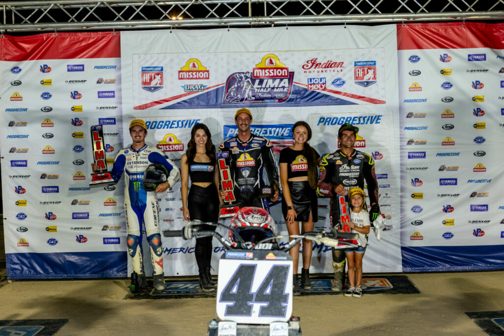Brandon Robinson (center), Dallas Daniels (far left), and Jared Mees (far right) on the AFT Mission SuperTwins podium at  the Lima Half-Mile. Photo courtesy Indian Motorcycle.