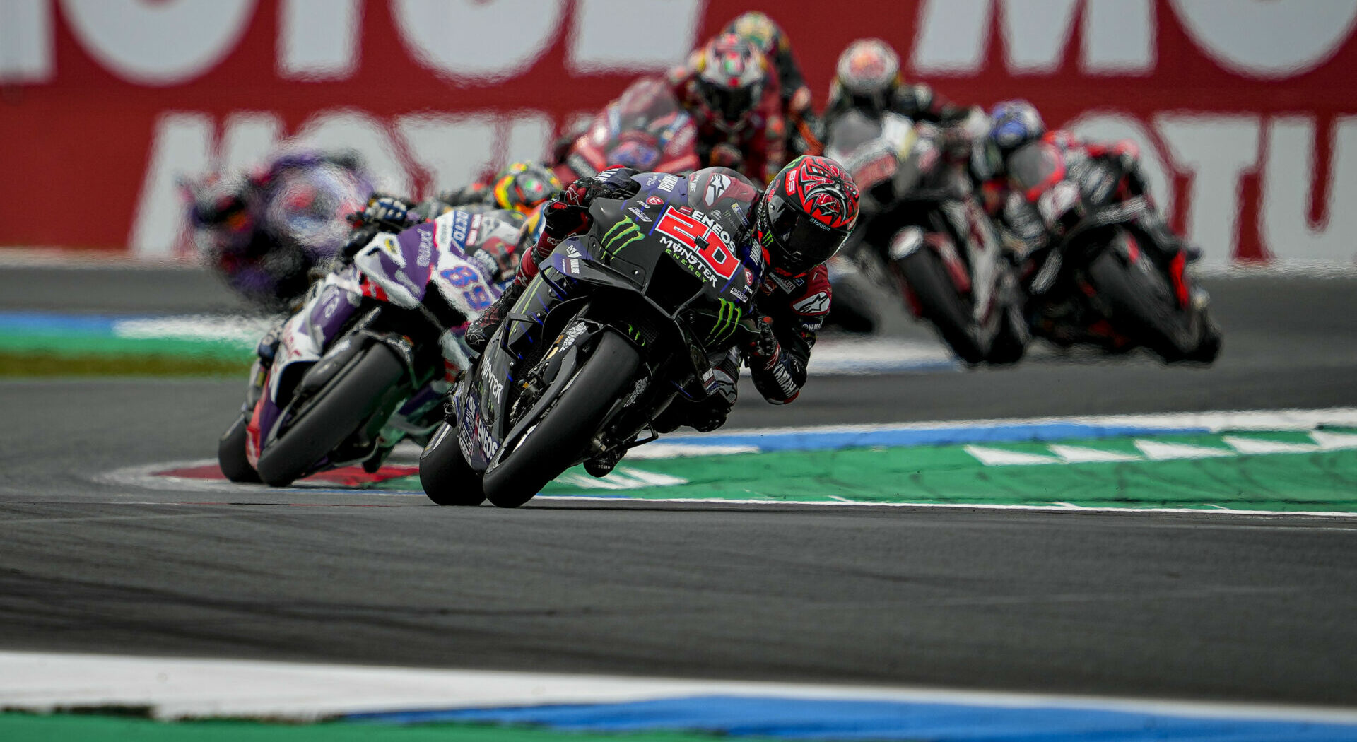 Fabio Quartararo (20) before it all went wrong in the MotoGP race at Assen. Photo courtesy Monster Energy Yamaha.