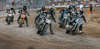 Jaycee Jones (33) leads Zaria Martens (08) and the rest of the Royal Enfield Build. Train. Race. (BTR) field at the Laconia Short Track. Photo courtesy Royal Enfield North America.