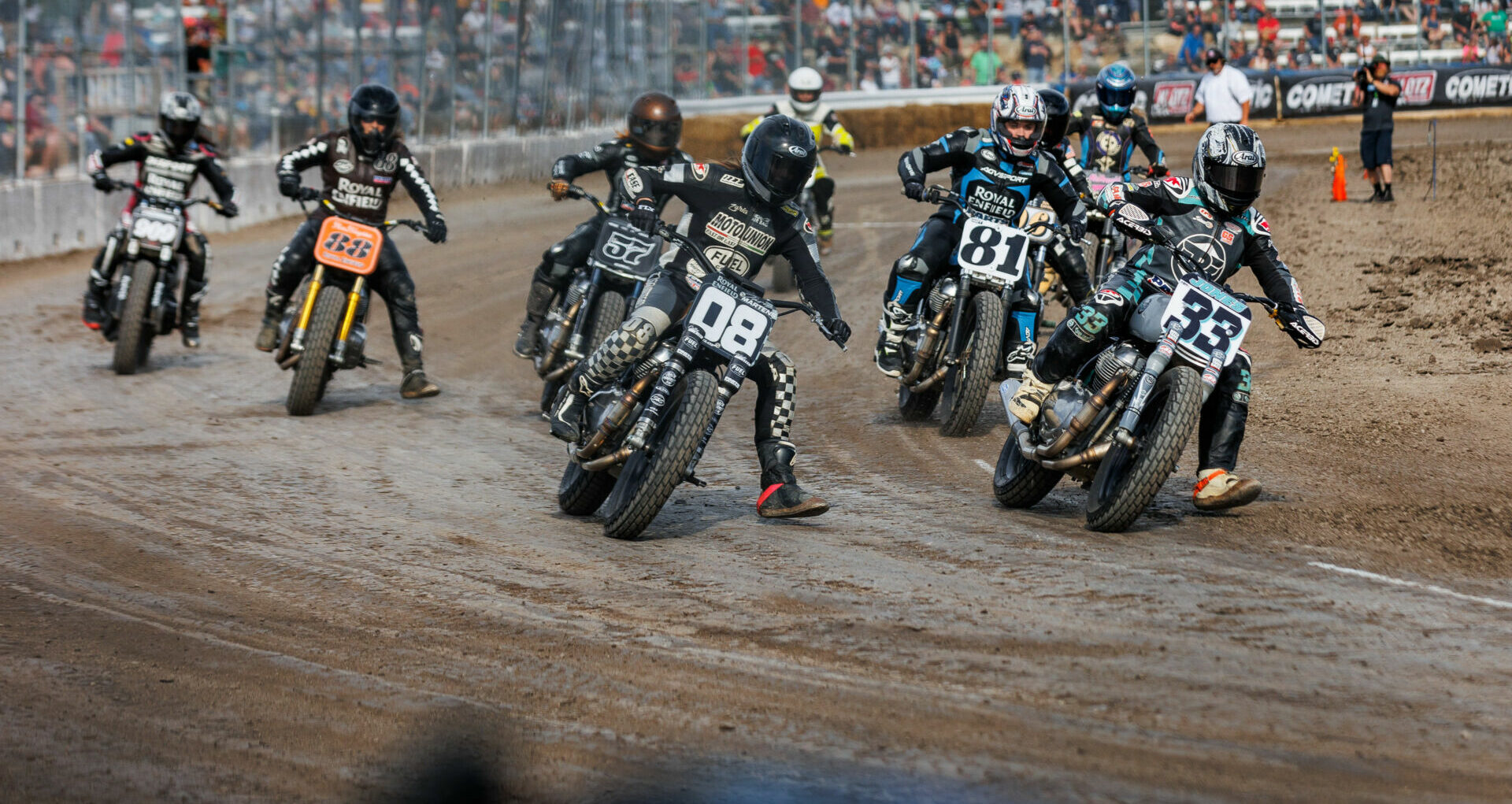 Jaycee Jones (33) leads Zaria Martens (08) and the rest of the Royal Enfield Build. Train. Race. (BTR) field at the Laconia Short Track. Photo courtesy Royal Enfield North America.