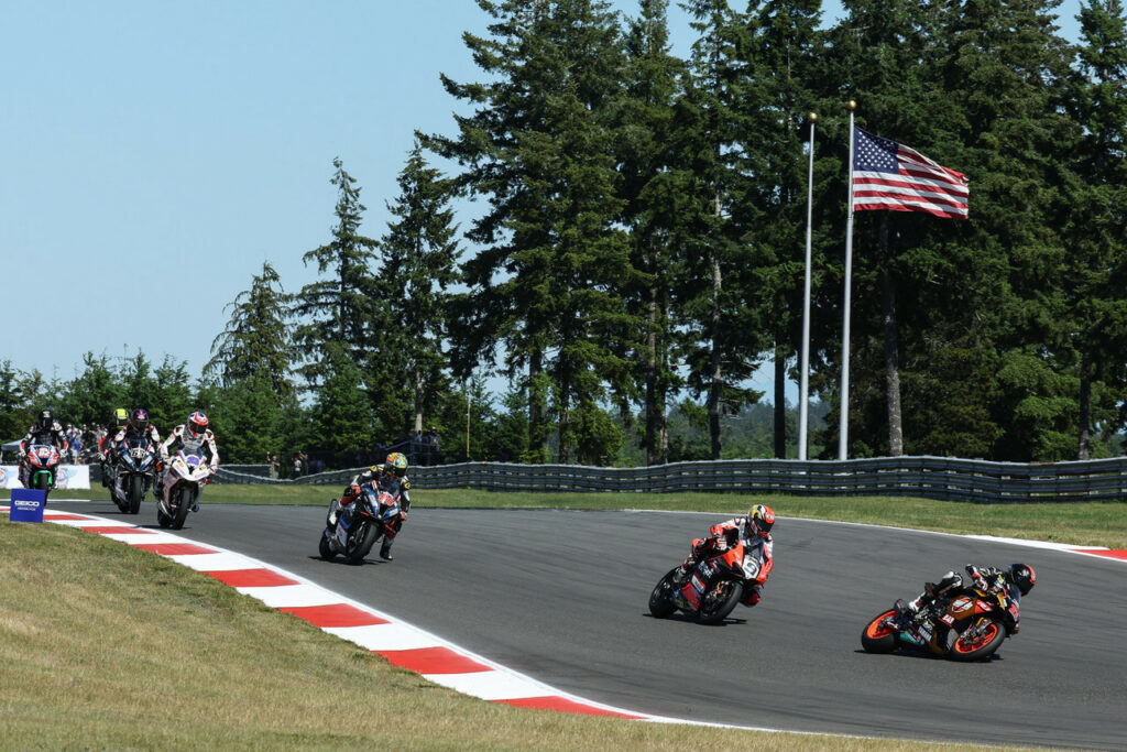 Mathew Scholtz (11) running third early in Superbike Race One at Ridge Motorsports Park. Photo by Brian J. Nelson, courtesy Westby Racing.