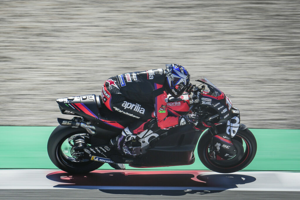 Maverick Vinales with a new aero package on his Aprilia RS-GP. Photo courtesy Dorna.