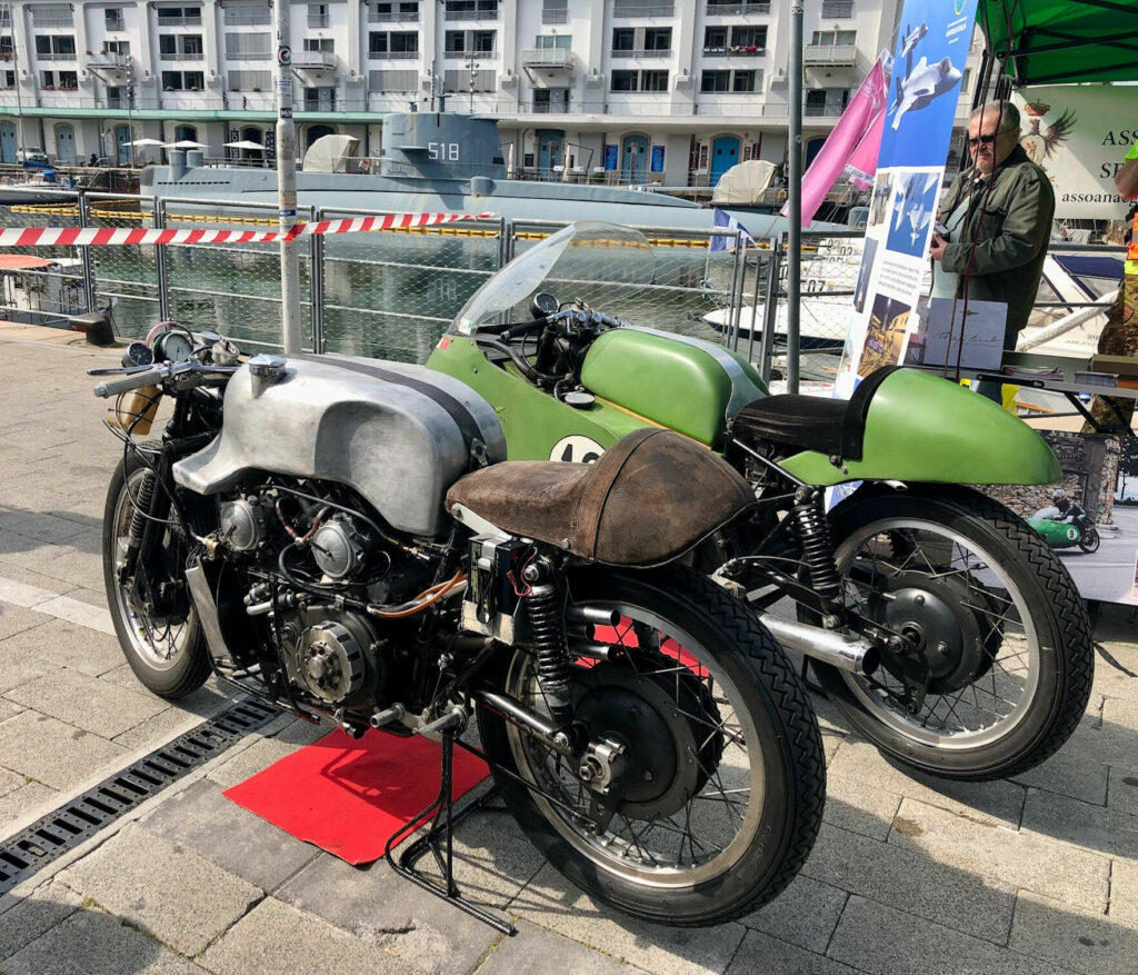 The Moto Guzzi V8 350 prototype before its run near the Genoa harbor. Photo courtesy Elena Bagnasco.