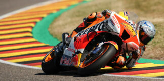 Pol Espargaro (44) in action at Sachsenring - his third consecutive race with zero points scored. Photo courtesy Repsol Honda.