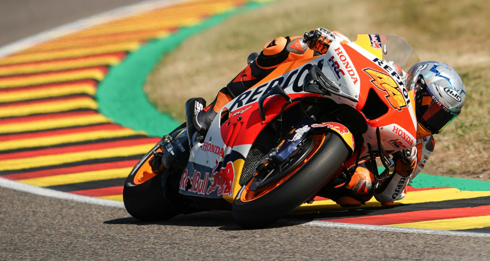 Pol Espargaro (44) in action at Sachsenring - his third consecutive race with zero points scored. Photo courtesy Repsol Honda.