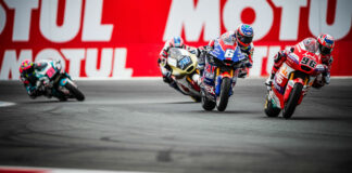 American Cameron Beaubier (6) charged from 18th on the grid to fight with podium finishers Jake Dixon (96) and Ai Ogura (79), before crashing out in the closing laps of the Moto2 race at Assen. Photo courtesy American Racing Team.