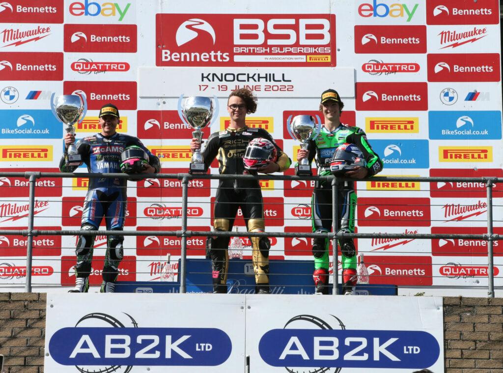 Race One winner Bradley Ray (center), runner-up Jason O'Halloran (left), and third-place finisher Rory Skinner (right) on the podium at Knockhill. Photo courtesy MSVR.