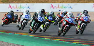 American-born Rossi Moor (92) leading Kevin Farkas (28), Dustin Schneider (20), and the rest during Northern Talent Cup Race Two at Sachsenring in 2022. Photo courtesy Dorna.