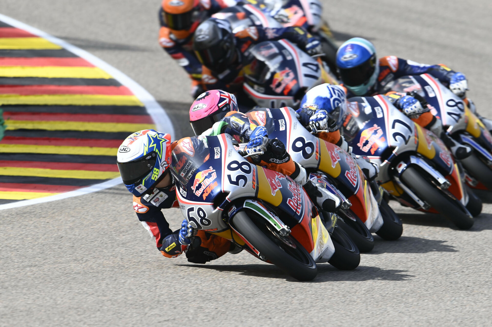 Red Bull MotoGP Rookies Luca Lunetta (58). Eddie O’Shea (8), Rico Salmela (27), Gabin Planques (48), Cormac Buchanan (14), and Collin Veijer in action during Race One. Photo courtesy Red Bull.