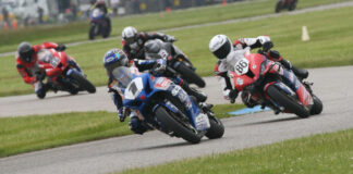 Defending Champion Alex Dumas (1) leads Ben Young (86), Trevor Daley (9), and Steven Nickerson (66) during Race Two at Grand Bend Motorplex. Photo by Rob O’Brien, courtesy CSBK.