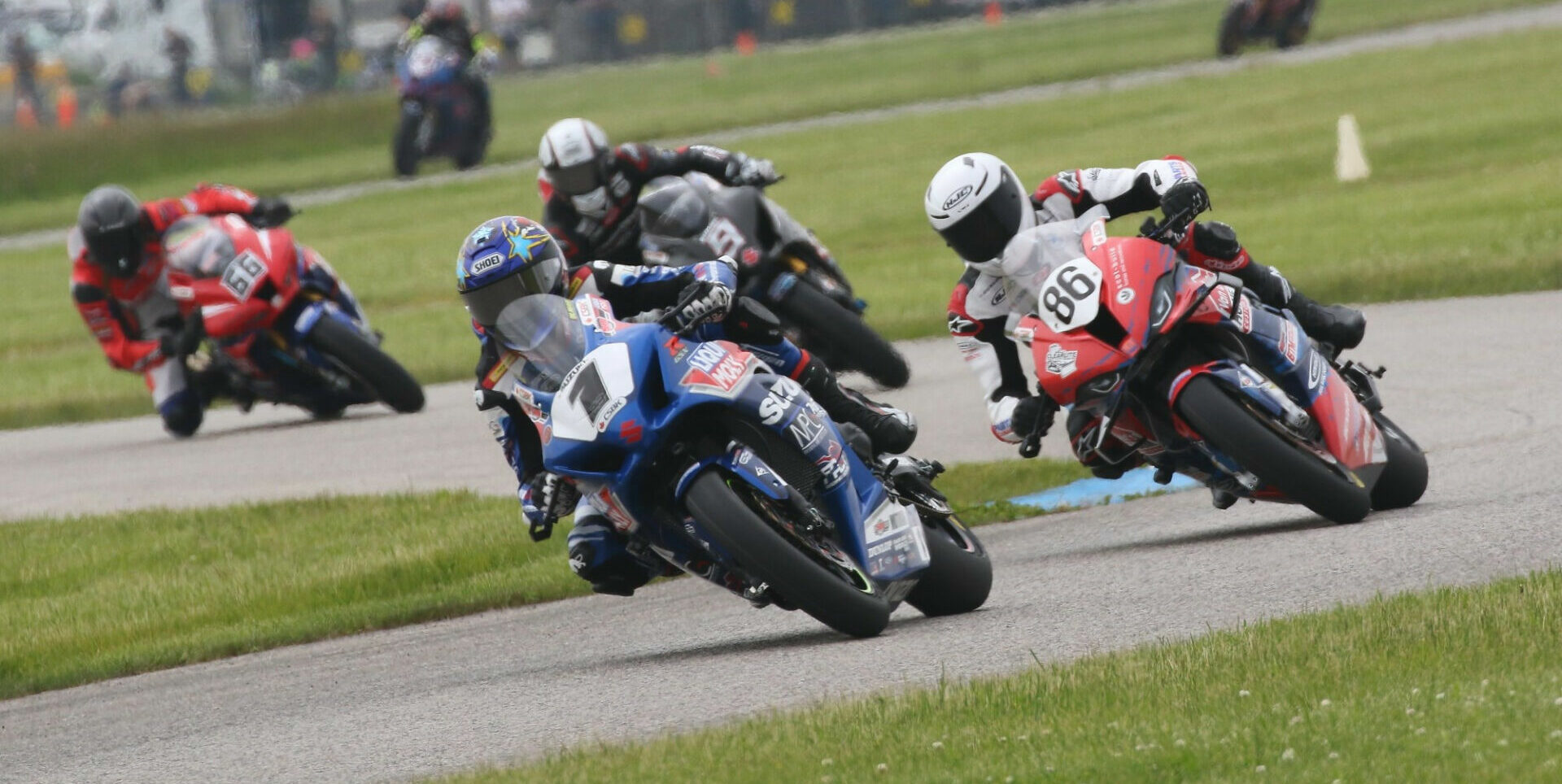 Defending Champion Alex Dumas (1) leads Ben Young (86), Trevor Daley (9), and Steven Nickerson (66) during Race Two at Grand Bend Motorplex. Photo by Rob O’Brien, courtesy CSBK.