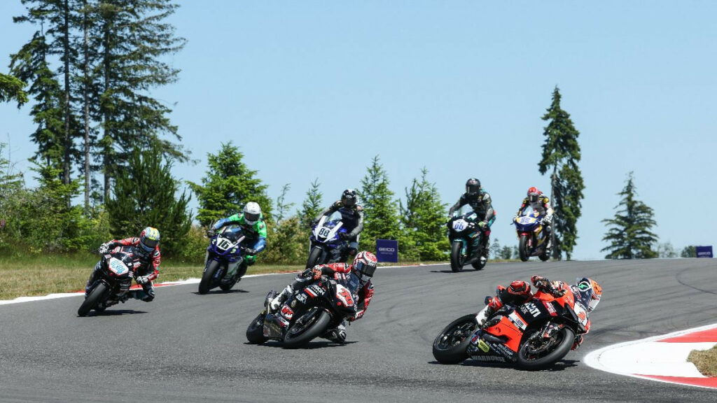 Josh Herrin (2) leads Tyler Scott (70), Sam Lochoff (44), and Kevin Olmedo (16) in the Supersport race on Sunday at Ridge. Photo by Brian J. Nelson, courtesy MotoAmerica.