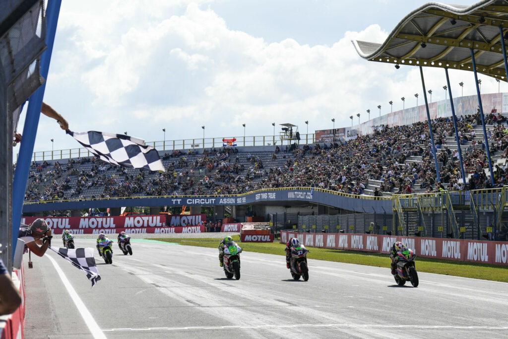 The finish of MotoE Race One at Assen. Photo courtesy Dorna.