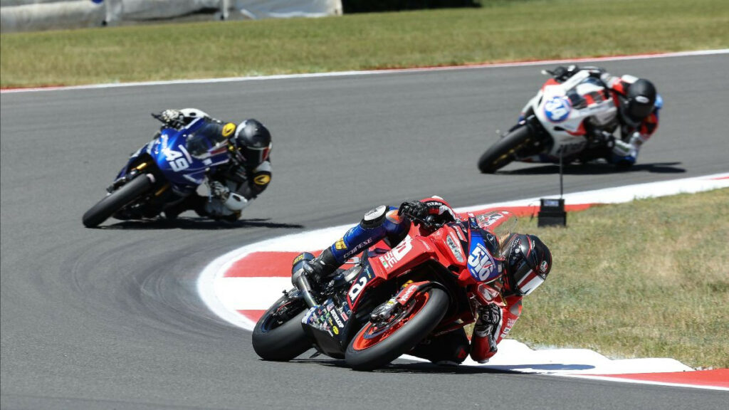 Anthony Mazziotto (516) won the Twins Cup final for the second day in a row with a victory over Hayden Schultz (49) and Cody Wyman (34). Photo by Brian J. Nelson, courtesy MotoAmerica.