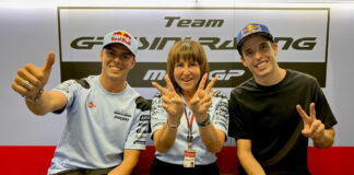 Fabio Di Giannantonio (left) and Alex Marquez (right) with Gresini Racing Team Owner Nadia Padovani Gresini (center). Photo courtesy Gresini Racing.