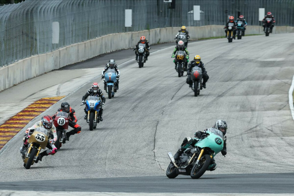 Kayleigh Buyck (16) leads the way en route to winning the Royal Enfield Build. Train. Race. event at Road America on Sunday. Photo by Brian J. Nelson, courtesy MotoAmerica.