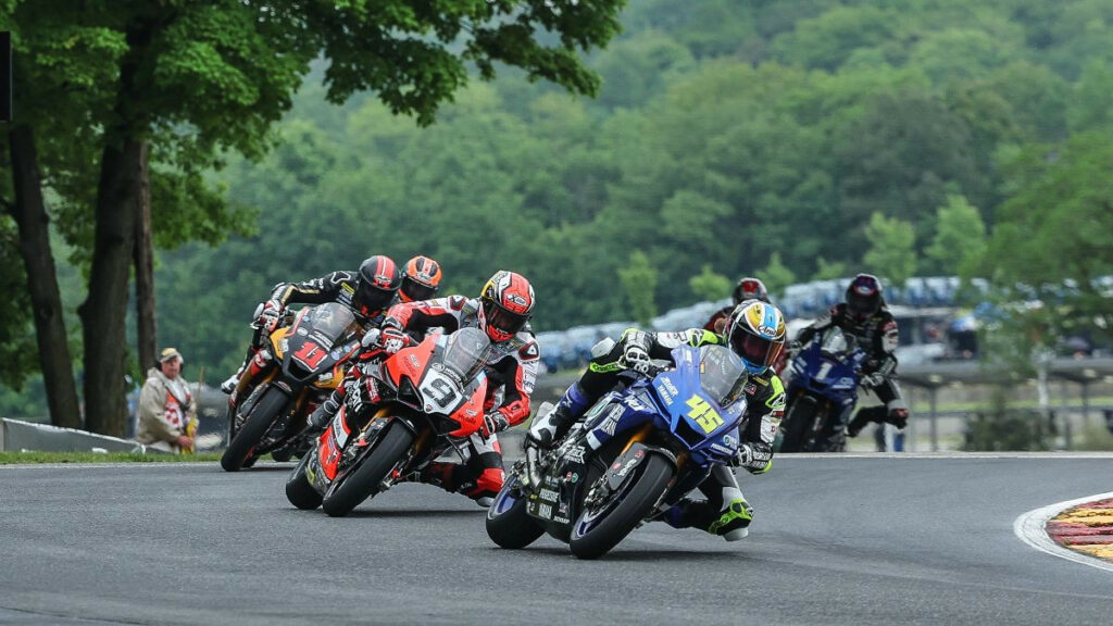 Cameron Petersen (45) leads Danilo Petrucci (9) and Mathew Scholtz (11) early in the MotoAmerica Medallia Superbike race on Sunday at Road America. Photo by Brian J. Nelson, courtesy MotoAmerica.