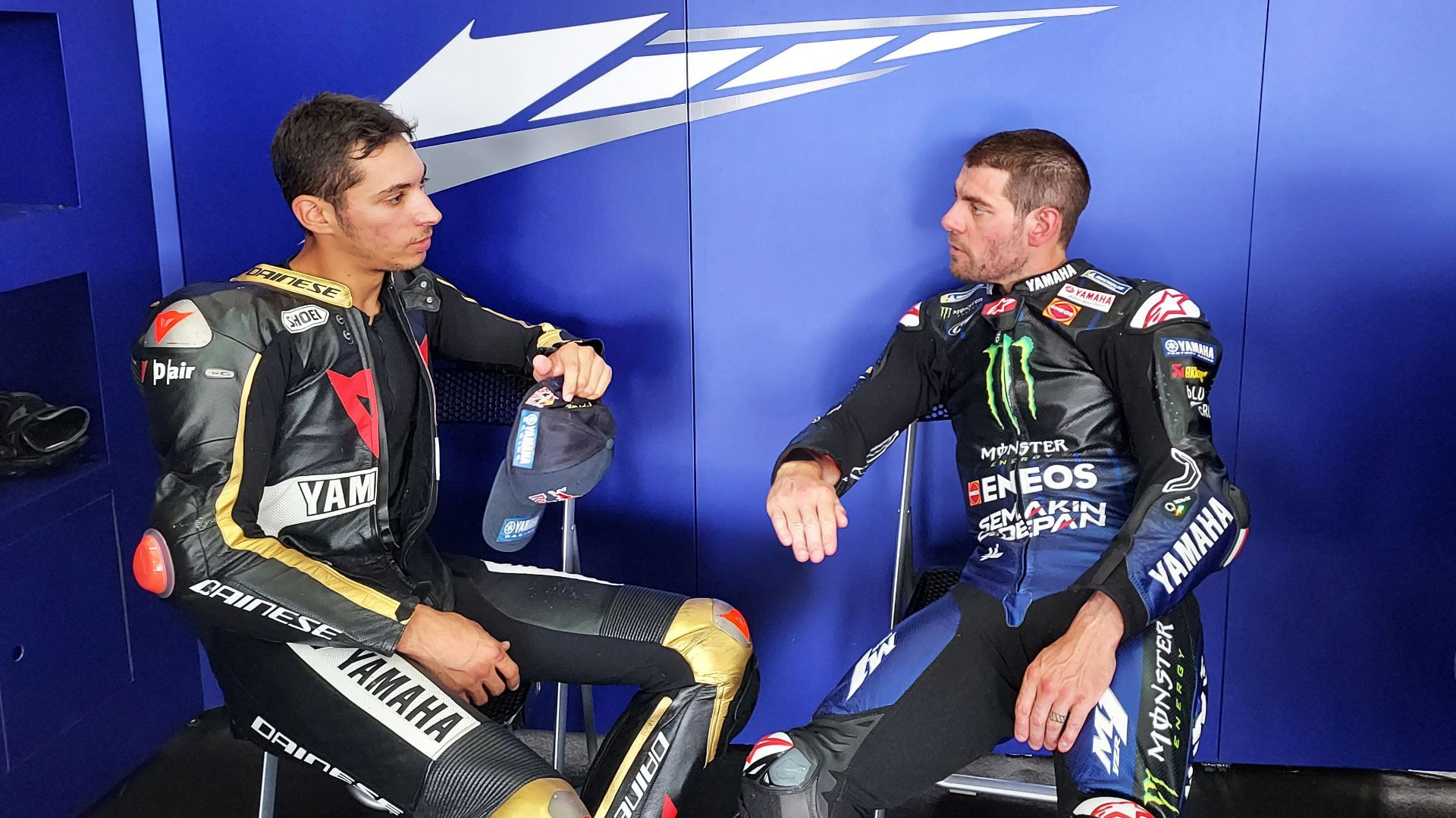 Reigning Superbike World Champion Toprak Razgatlioglu (left) with Yamaha MotoGP test rider Cal Crutchlow (right) in the garage at MotorLand Aragon. Photo courtesy Yamaha.