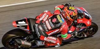 Kazuki Watanabe (1) at speed on the Yoshimura SERT Motul Suzuki GSX-R1000R. Photo courtesy Team Suzuki Press Office.