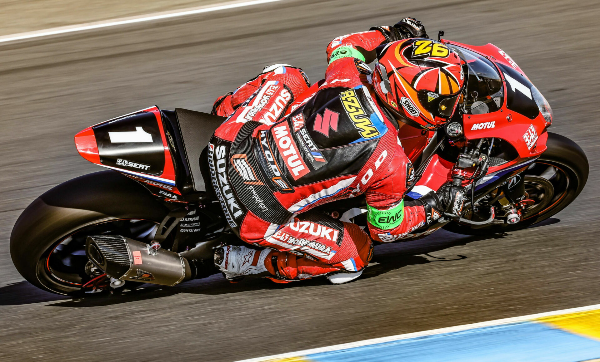 Kazuki Watanabe (1) at speed on the Yoshimura SERT Motul Suzuki GSX-R1000R. Photo courtesy Team Suzuki Press Office.