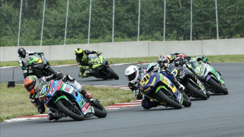 Max Van (48) topped Kayla Yaakov (31) to win SportbikeTrackGear.com Junior Cup Race Two at BIR. Photo by Brian J. Nelson, courtesy MotoAmerica.