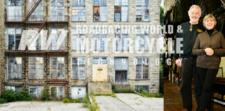 Vanson Leathers headquarters, located behind the yellow door in this 19th-century mill. (Right) Mike and Kim van der Sleesen are the proprietors of Vanson Leathers, where riders can walk in and be involved in the design, specification, and fitment of top-quality racing gear.