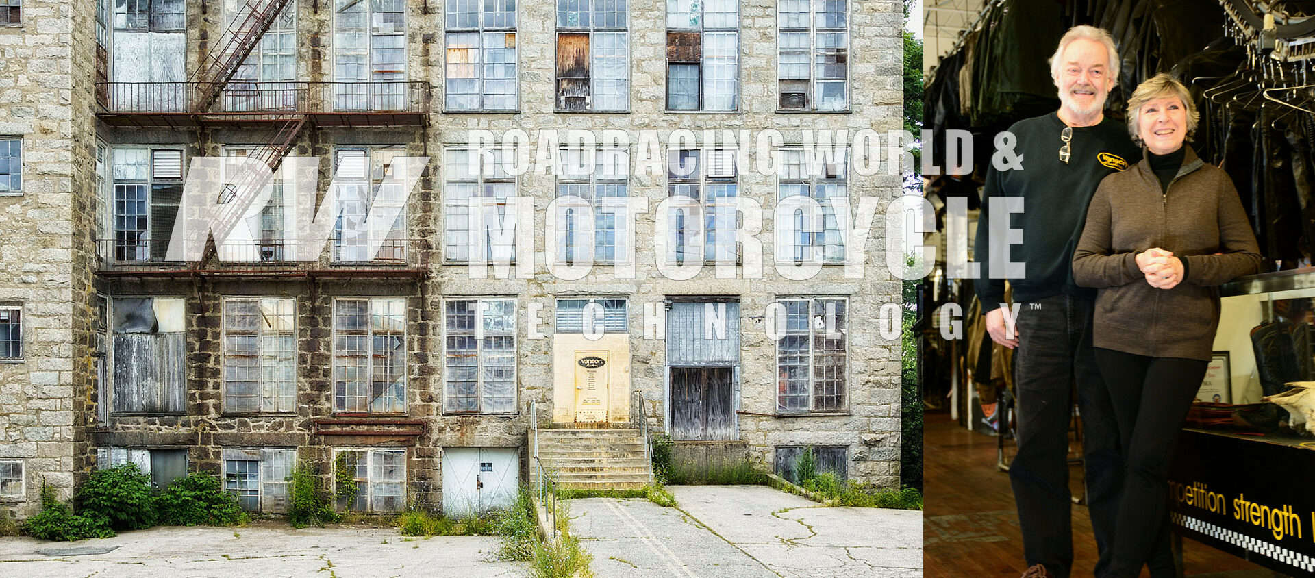 Vanson Leathers headquarters, located behind the yellow door in this 19th-century mill. (Right) Mike and Kim van der Sleesen are the proprietors of Vanson Leathers, where riders can walk in and be involved in the design, specification, and fitment of top-quality racing gear.