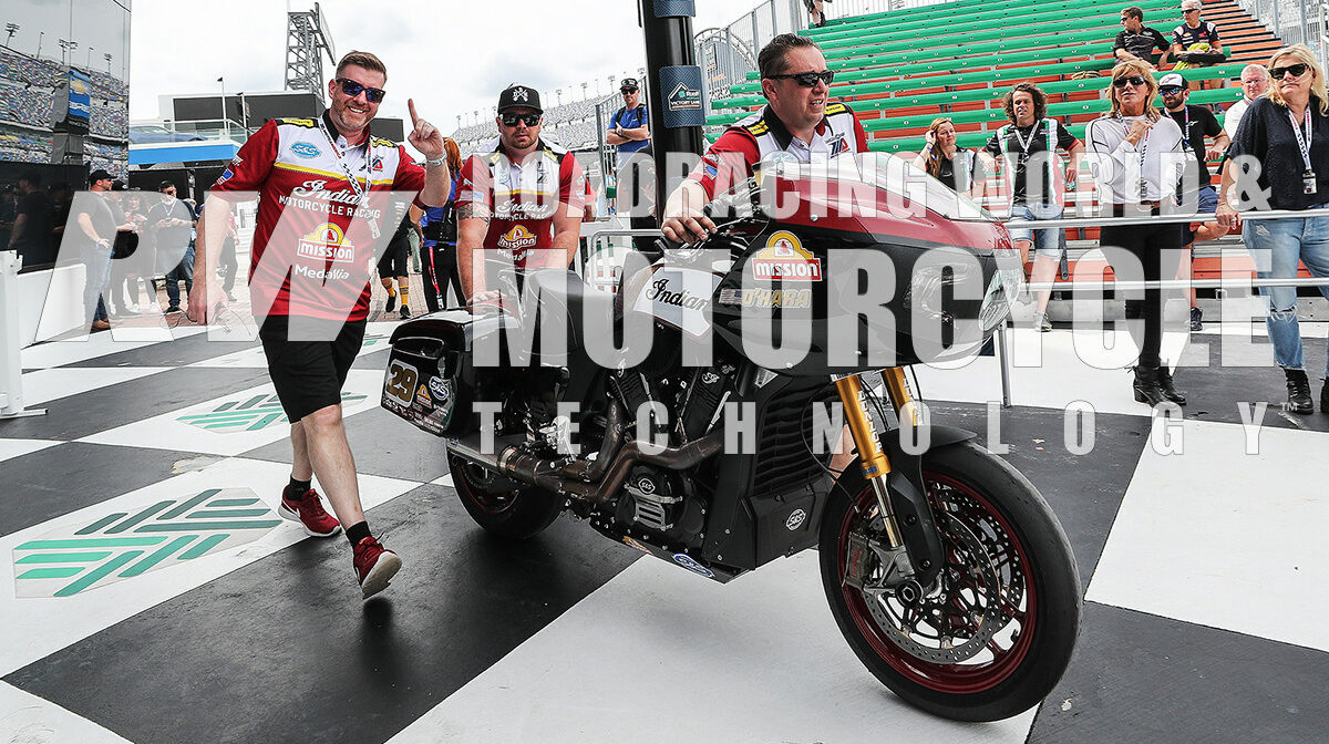 Indian Motorcycle Vice President Gary Gray signals #1 as the Mission Foods/S&S Cycle/Indian Challenger Team bike of Tyler O'Hara is pushed into victory lane. Photo by Brian J. Nelson.