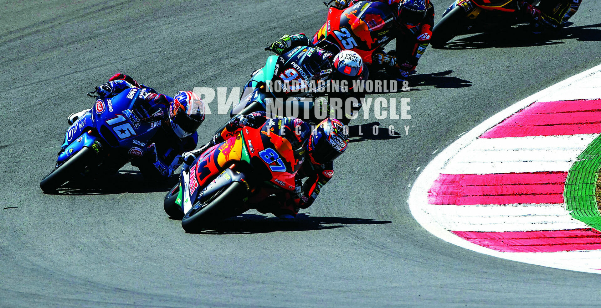 Remy Gardner (87) leads Joe Roberts (16), Xavi Vierge (97), Raul Fernandez (25) and Augusto Fernandez (37) at Portimao, en route to the 2021 Moto2 World Championship with Aki Ajo's team. Photo by Gigi Soldana/DPPI Media.