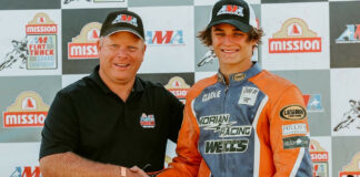 Nicky Hayden AMA Flat Track Horizon Award Winner Clarke Morian V (right) with AMA Program Development Manager Dan Bromley (left). Photo courtesy AMA.