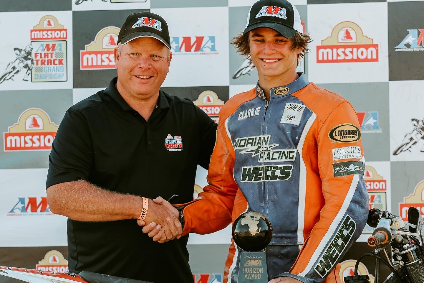 Nicky Hayden AMA Flat Track Horizon Award Winner Clarke Morian V (right) with AMA Program Development Manager Dan Bromley (left). Photo courtesy AMA.