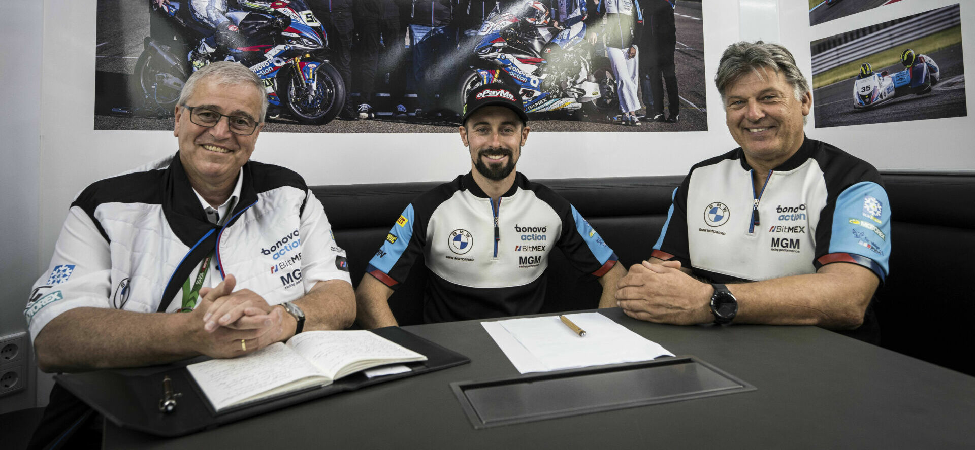 (From left) Bonovo action BMW Racing Team Owner Jürgen Röder, Eugene Laverty, and Bonovo action BMW Racing Team Manager Michael Galinski. Photo courtesy BMW Motorrad Motorsport.