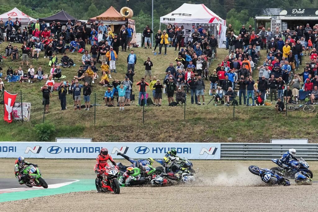 A multi-rider pileup in Turn One on the start was a major factor in the outcome of World Supersport Race One. Photo courtesy Dorna.