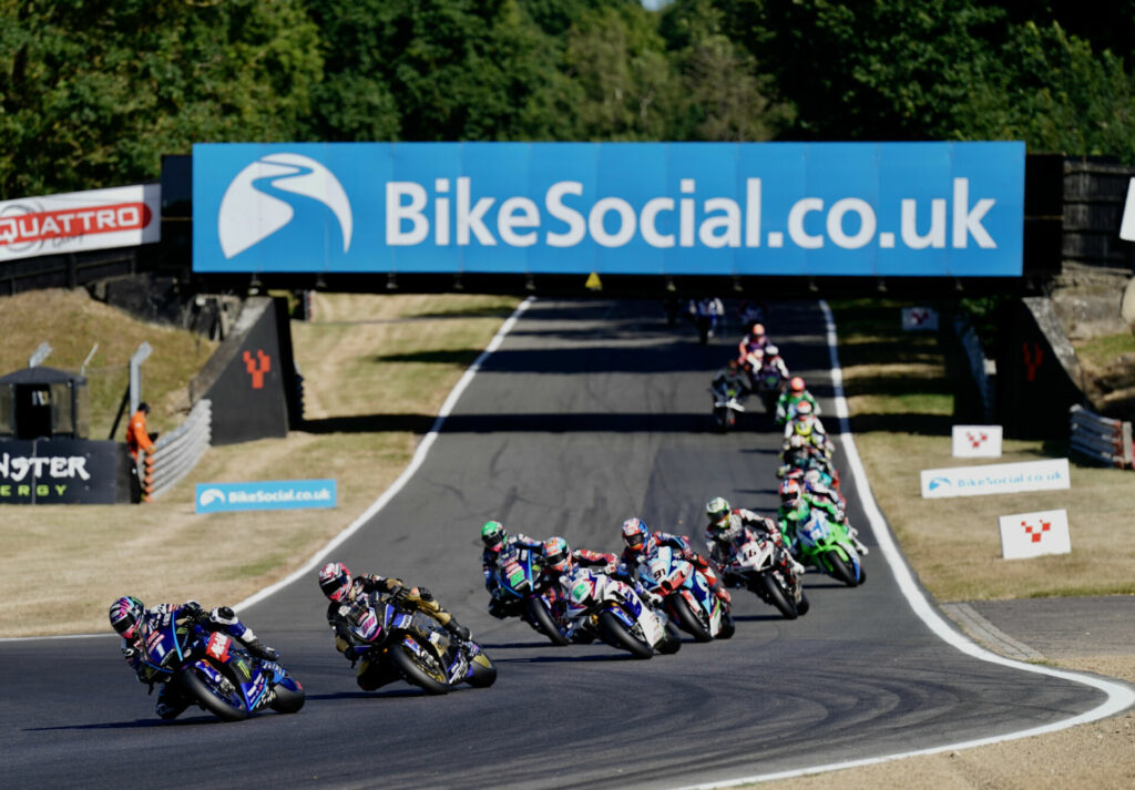 Tarran Mackenzie (1) leads a British Superbike race at Brands Hatch. Photo courtesy MSVR.