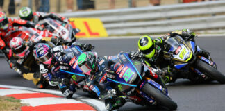 Jason O'Halloran (22) leading British Superbike Race One Saturday at Brands Hatch. Photo courtesy MSVR.