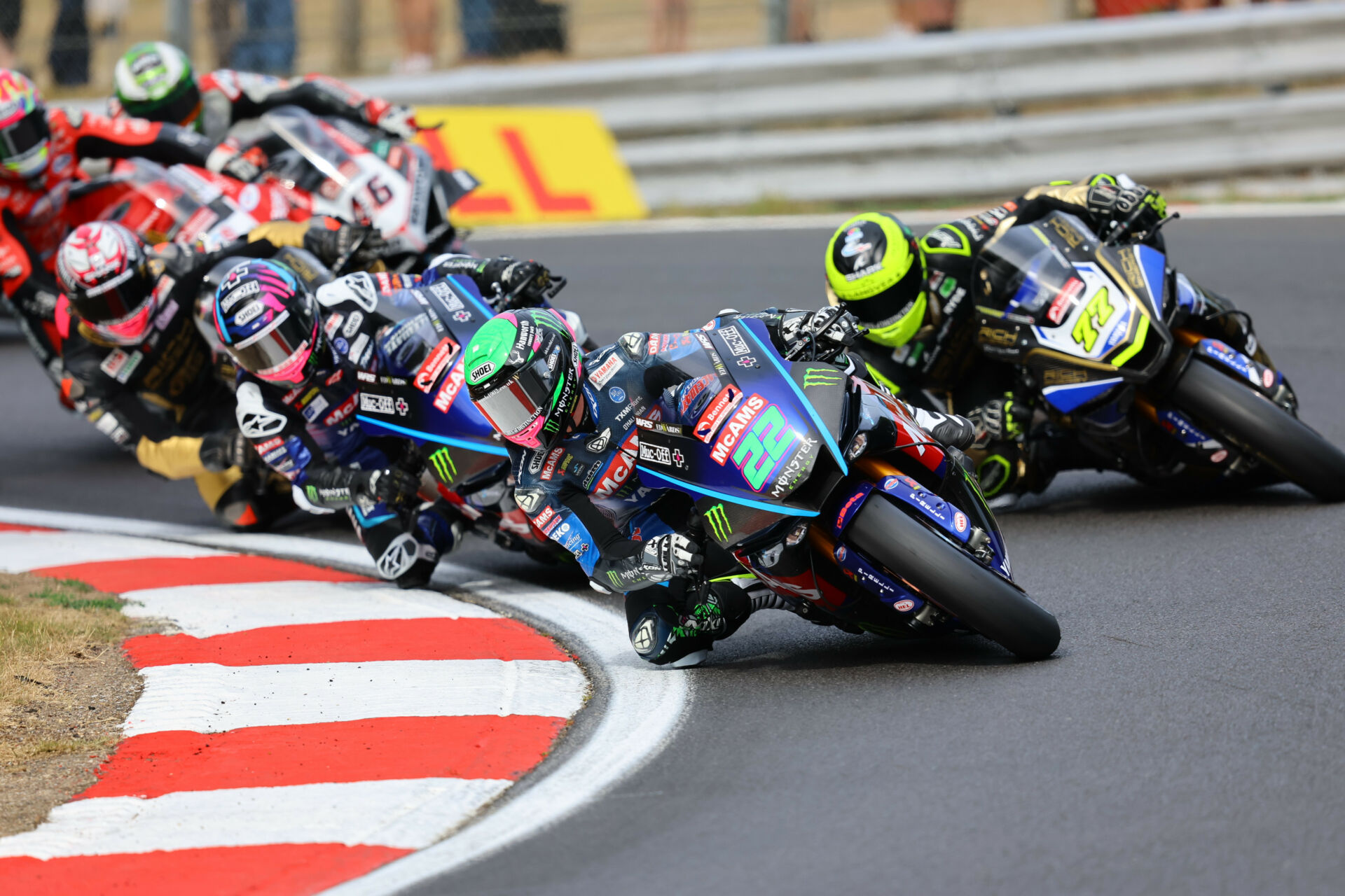 Jason O'Halloran (22) leading British Superbike Race One Saturday at Brands Hatch. Photo courtesy MSVR.