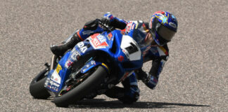 Reigning champion Alex Dumas (1) set the early pace at Friday’s Pro 6 Cycle track day ahead of CSBK round two action at Calabogie. Photo by Colin Fraser, courtesy CSBK/PMP.