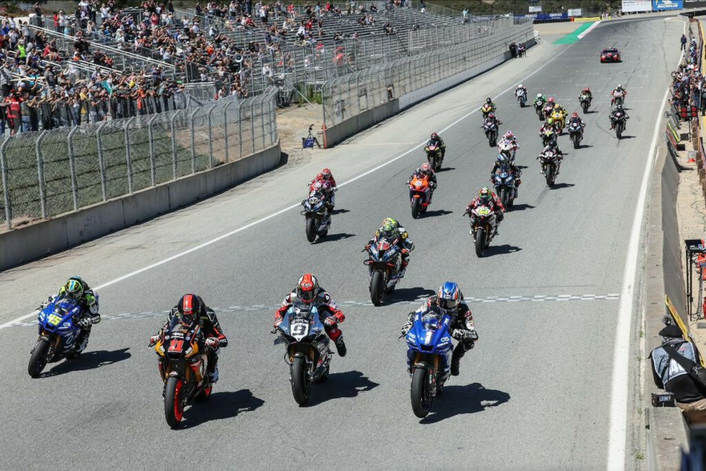 Jake Gagne (1), Danilo Petrucci (9), Mathew Schotz (11) and Cameron Petersen (45) lead the MotoAmerica Medallia Superbike race off the start on Saturday at WeatherTech Raceway Laguna Seca. Photo by Brian J. Nelson