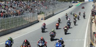 Jake Gagne (1), Danilo Petrucci (9), Mathew Schotz (11) and Cameron Petersen (45) lead the MotoAmerica Medallia Superbike race off the start on Saturday at WeatherTech Raceway Laguna Seca. Photo by Brian J. Nelson