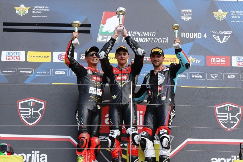 American Max Toth (center) on the podium with runner-up Francesco Mongiardo (left) and third-place finisher Lorenzo Sommariva (right). Photo courtesy BK Corse.