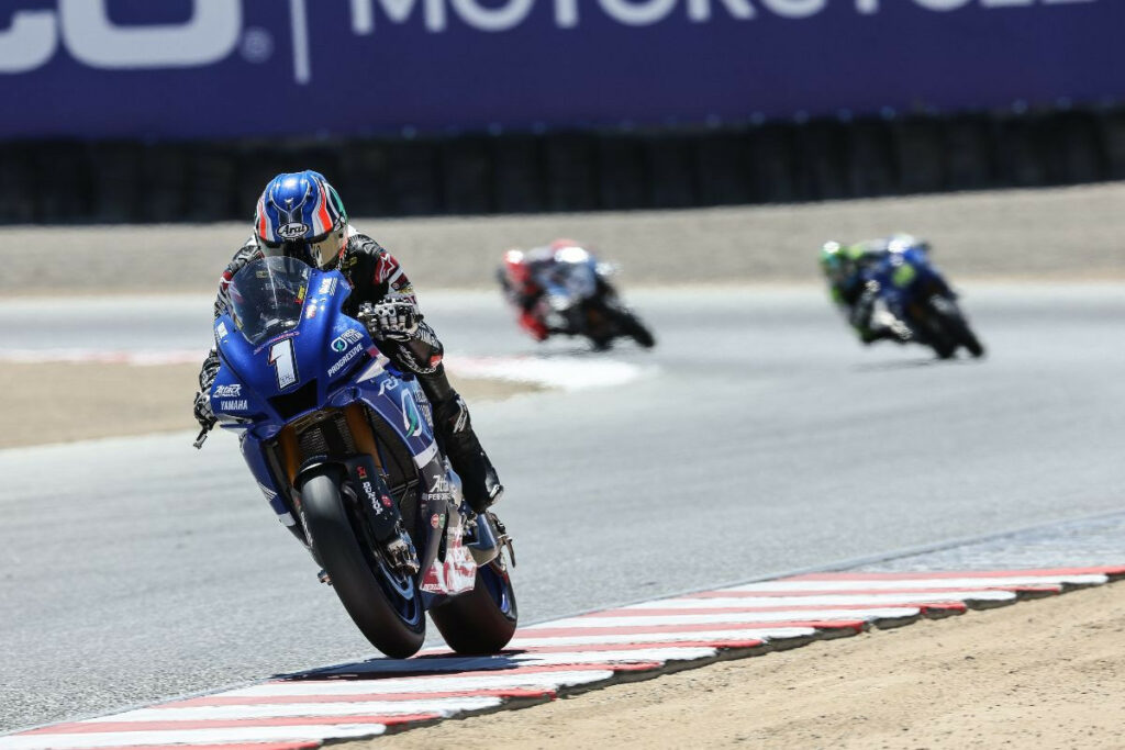 Jake Gagne (1) won his sixth race of the season to move to within two points of Danilo Petrucci in the Medallia Superbike Championship. Photo by Brian J. Nelson.