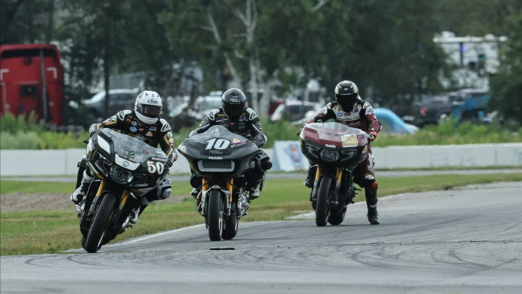 Bobby Fong (50) beat Travis Wyman (10) and Tyler O'Hara (29) to win his first Mission King Of The Baggers race on Sunday at BIR. Photo by Brian J. Nelson, courtesy MotoAmerica.