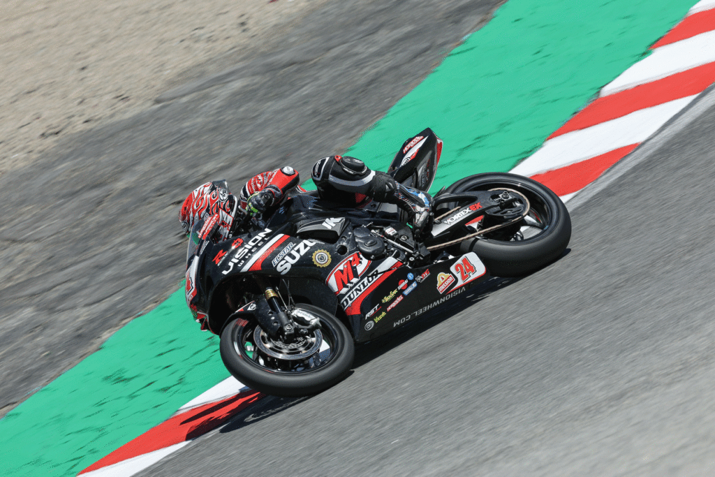 Cory Ventura (24) aboard his new GSX-R750 made his way into the top 10 in Supersport Race One with an eighth-place finish. Photo courtesy Suzuki Motor USA LLC.