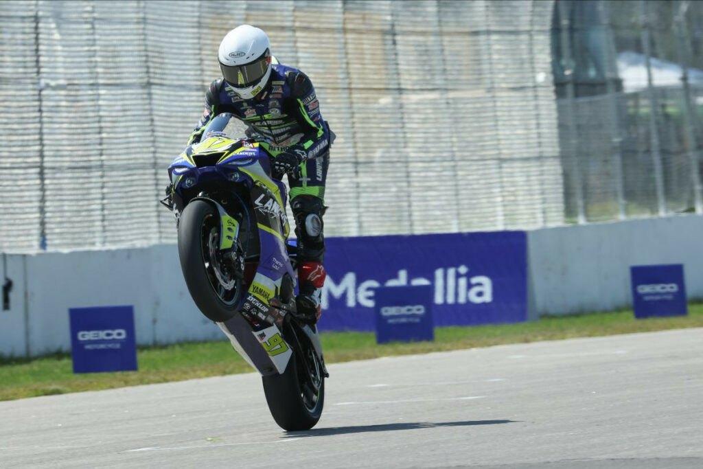 Rocco Landers (97) wheelies his way to victory for the second straight day at BIR in the Supersport class. Photo by Brian J. Nelson, courtesy MotoAmerica.