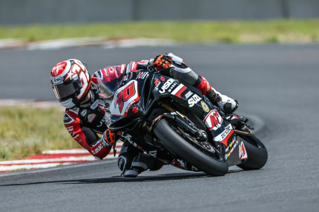 Tyler Scott (70) continuing his progression in the new generation Supersport class on his GSX-R750. Photo courtesy Suzuki Motor USA LLC.