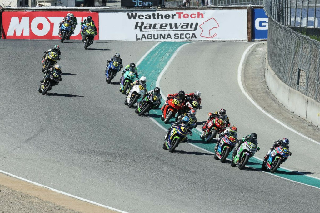 SportbikeTrackGear.com Junior Cup Race One had plenty of drama and was eventually won Joe LiMandri Jr. (62). Photo by Brian J. Nelson.