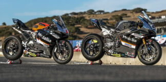 The Warhorse HSBK Racing Ducati NYC Panigales of Danilo Petrucci (right) and Josh Herrin (left) at WeatherTech Raceway Laguna Seca with their special Medallia liveries. Photo by Brian J. Nelson, courtesy Ducati North America.
