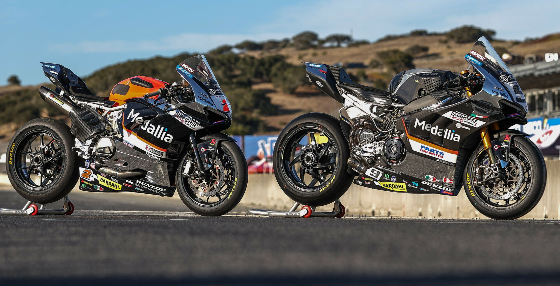 The Warhorse HSBK Racing Ducati NYC Panigales of Danilo Petrucci (right) and Josh Herrin (left) at WeatherTech Raceway Laguna Seca with their special Medallia liveries. Photo by Brian J. Nelson, courtesy Ducati North America.