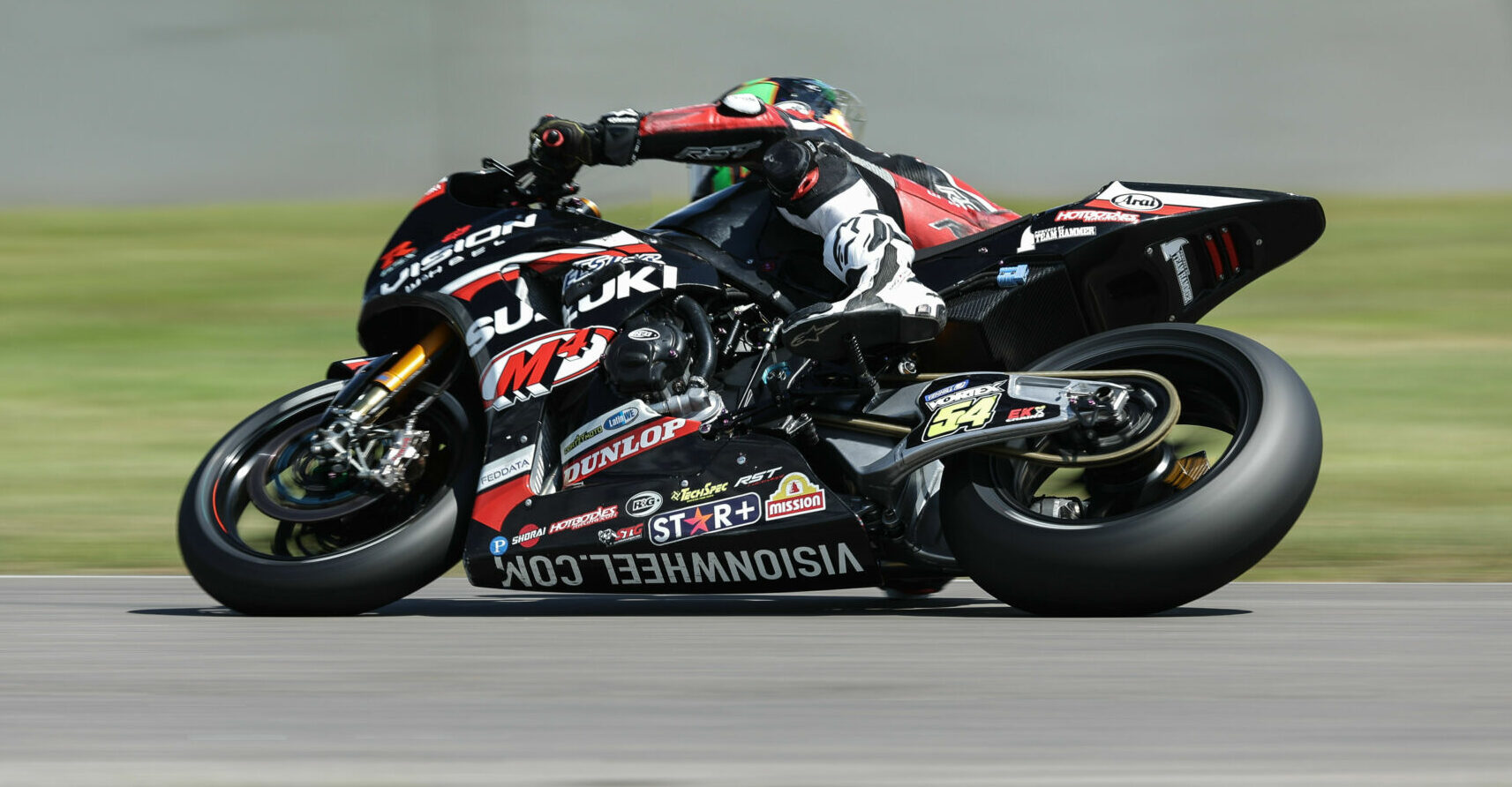 Richie Escalante (54) at speed on his Vision Wheel M4 ECSTAR Suzuki GSX-R1000R Superbike at Brainerd International Raceway. Photo by Brian J. Nelson.