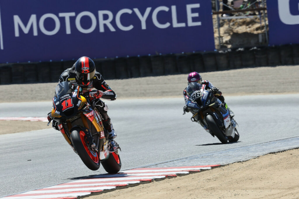 Mathew Scholtz (11) leads PJ Jacobsen (66) during Superbike Race One at Laguna Seca. Photo by Brian J. Nelson, courtesy Westby Racing.